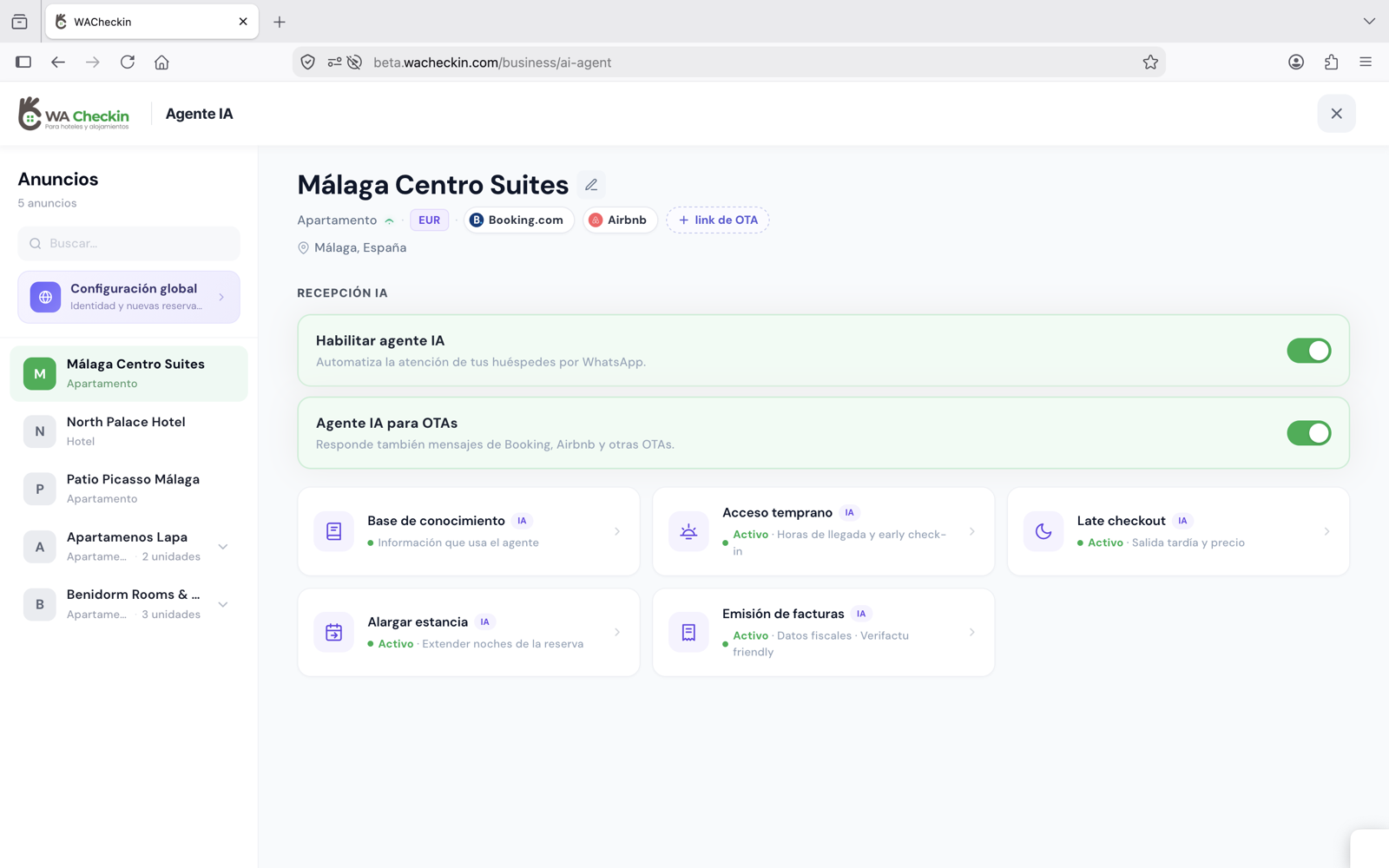 Base de conocimiento del agente IA de WACheckin configurada por alojamiento