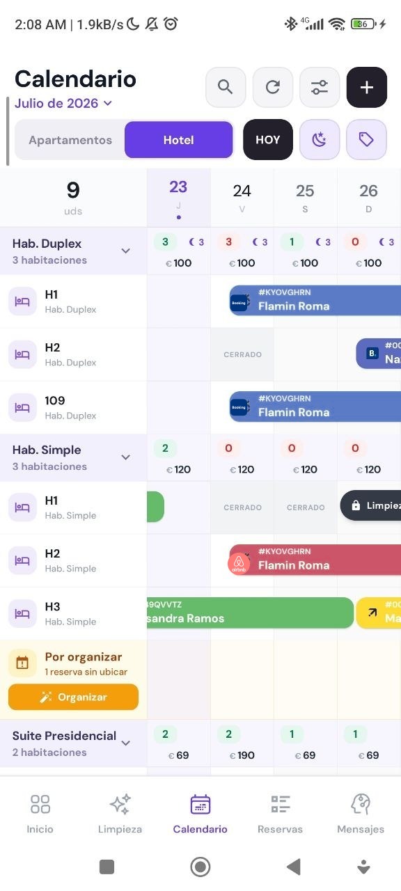 Calendario del channel manager en la app: apartamentos y hotel, tarifas y reservas