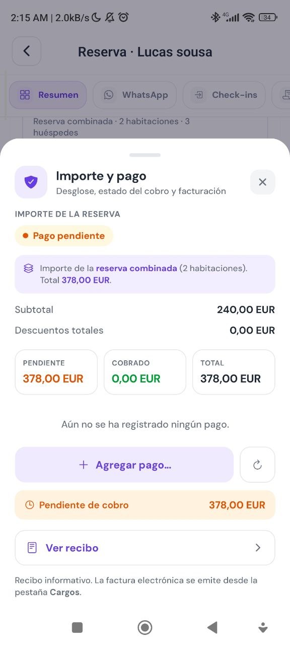 Detalle de pagos de una reserva en la app