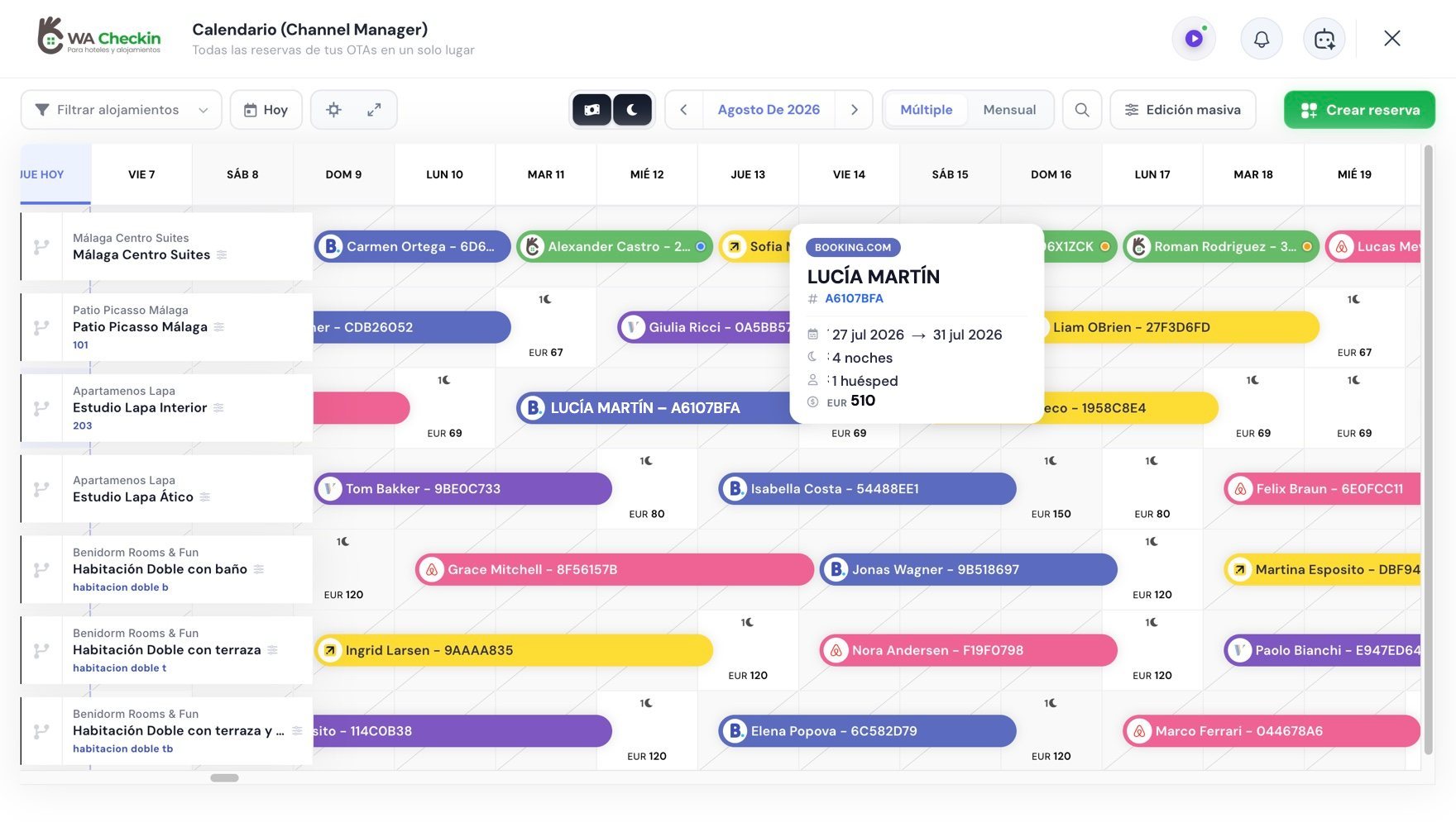 Calendario de WACheckin (Channel Manager) con las reservas de Booking, Airbnb, Vrbo y otras OTAs unificadas