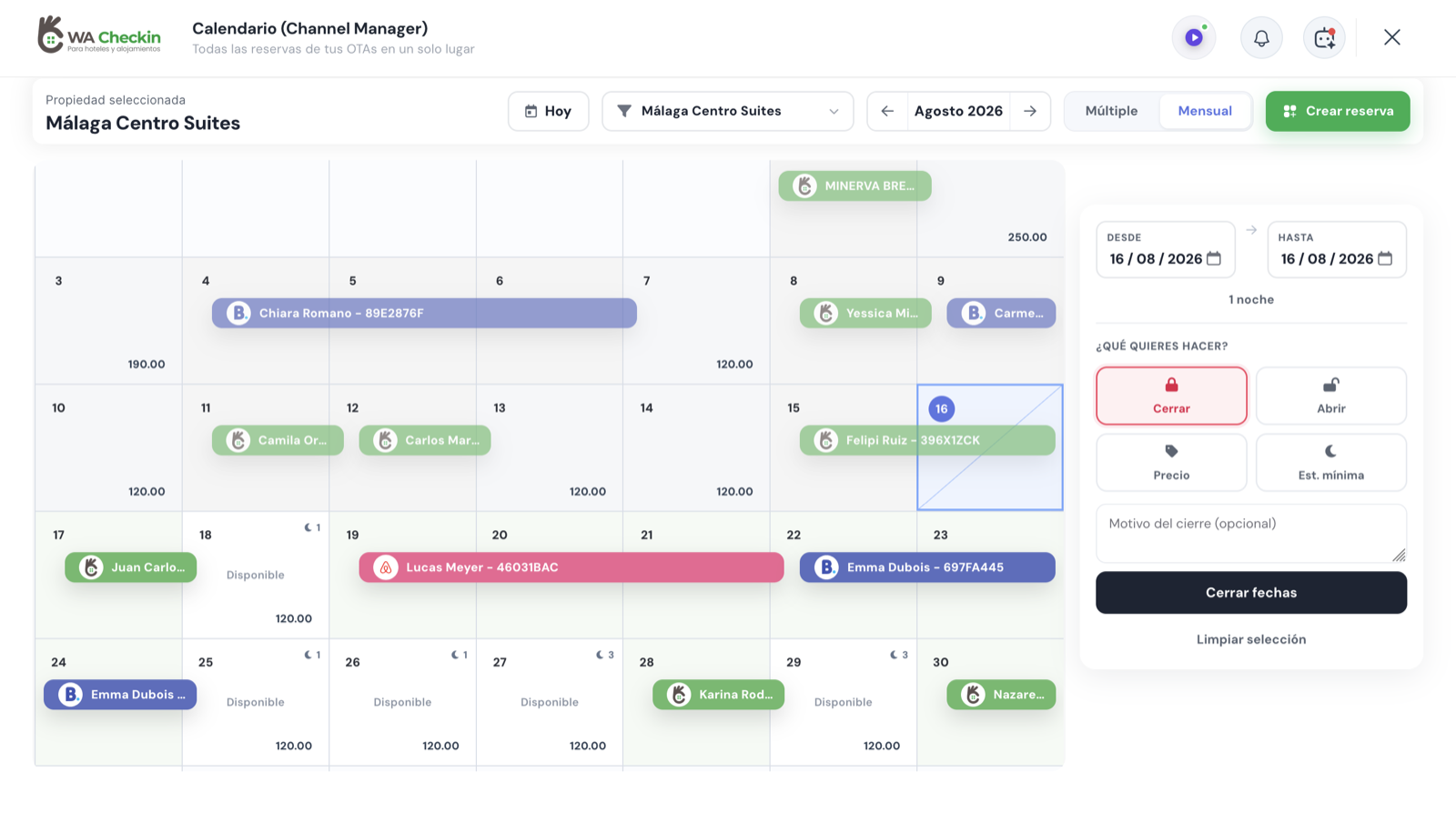 Calendario de WACheckin sincronizado en tiempo real con todos los canales, incluido Google