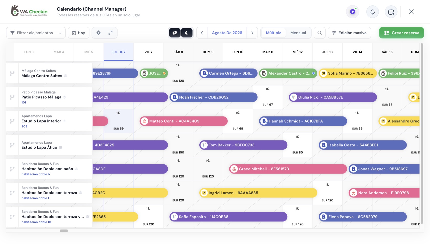 Calendario channel manager de WACheckin con reservas de varias OTAs diferenciadas por color