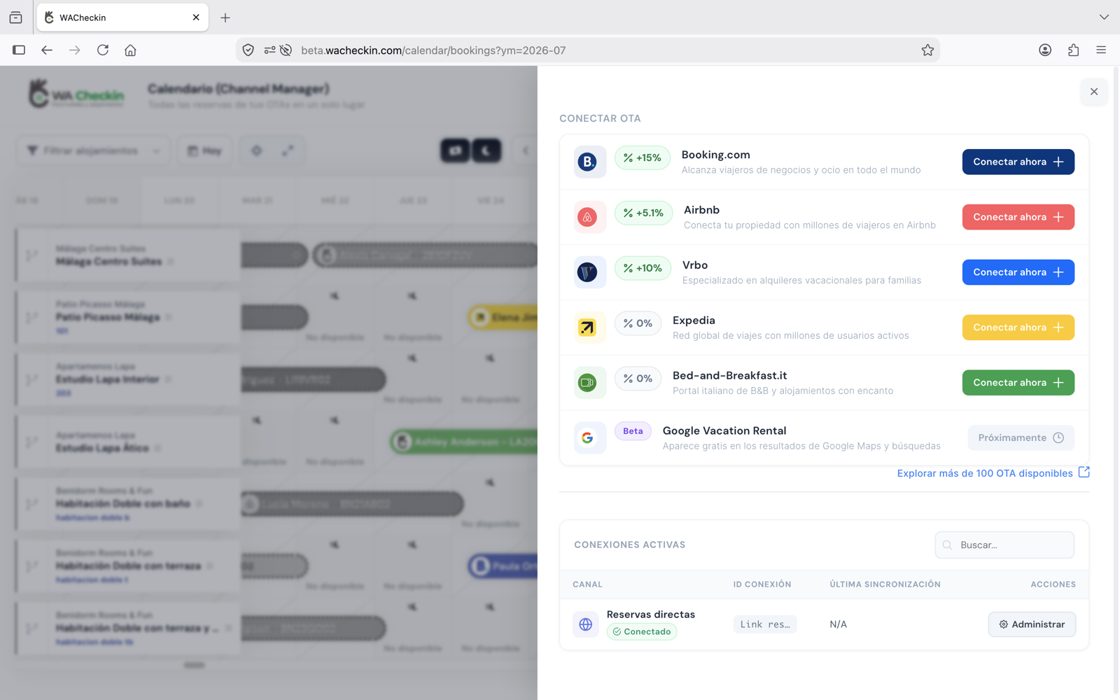Reservas directas y de OTAs unificadas en WACheckin
