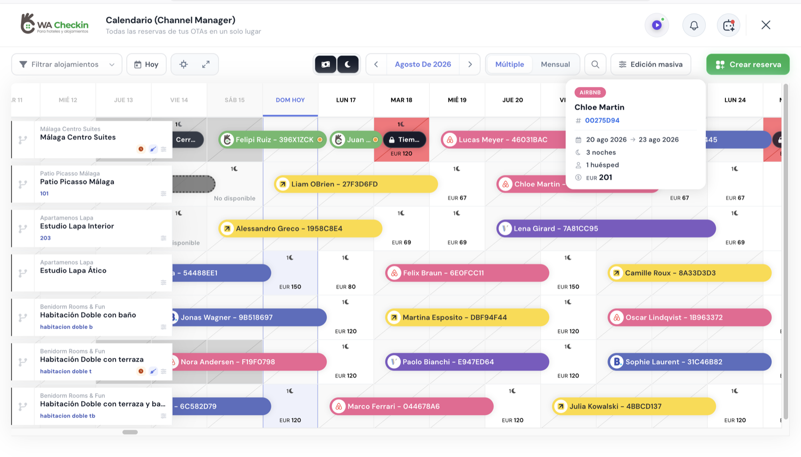 Calendario (Channel Manager) de WACheckin con las reservas