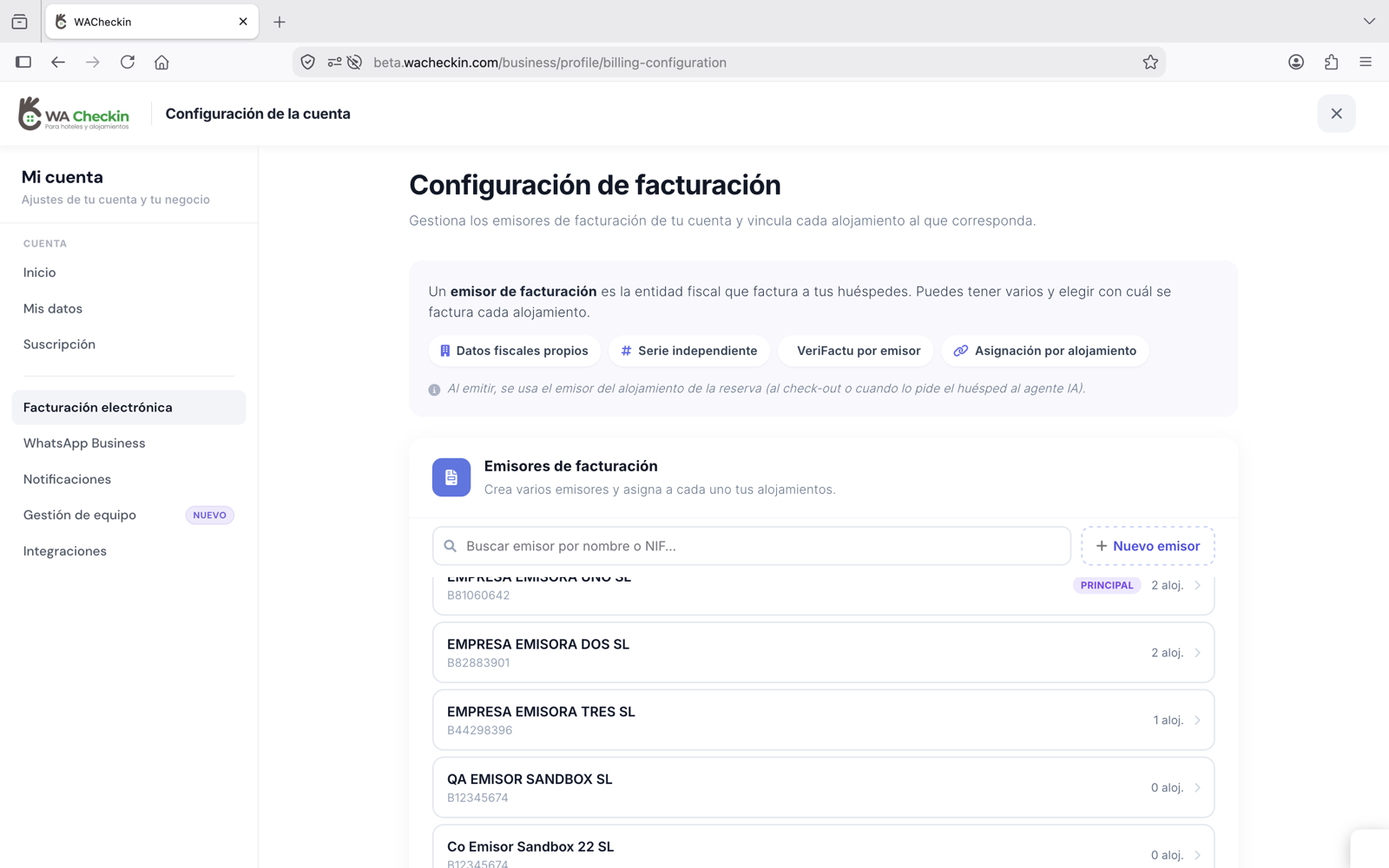 Configuración de facturación en WACheckin con varios emisores fiscales y VeriFactu