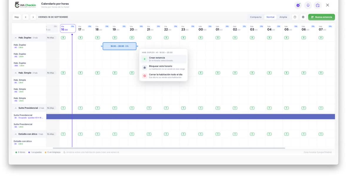 Calendario por horas de WACheckin: habitaciones Duplex, Simple, Suite y Estudio con la ocupación por franjas horarias y el menú para crear estancia, bloquear horario o cerrar la habitación