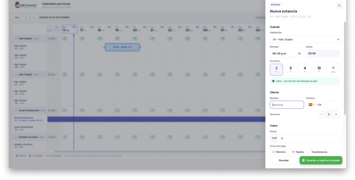 Panel Nueva estancia de WACheckin: habitación, entrada y salida, duración de 2/3/4/12 horas, datos del cliente, precio y forma de pago (efectivo, tarjeta o transferencia)