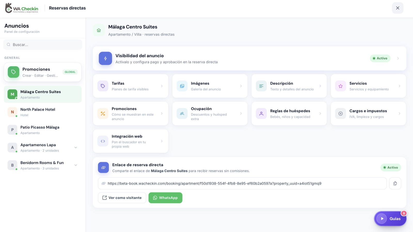 Panel de configuración de reservas directas de WACheckin, con tarjetas para tarifas, imágenes, servicios, reglas, cargos e integración web