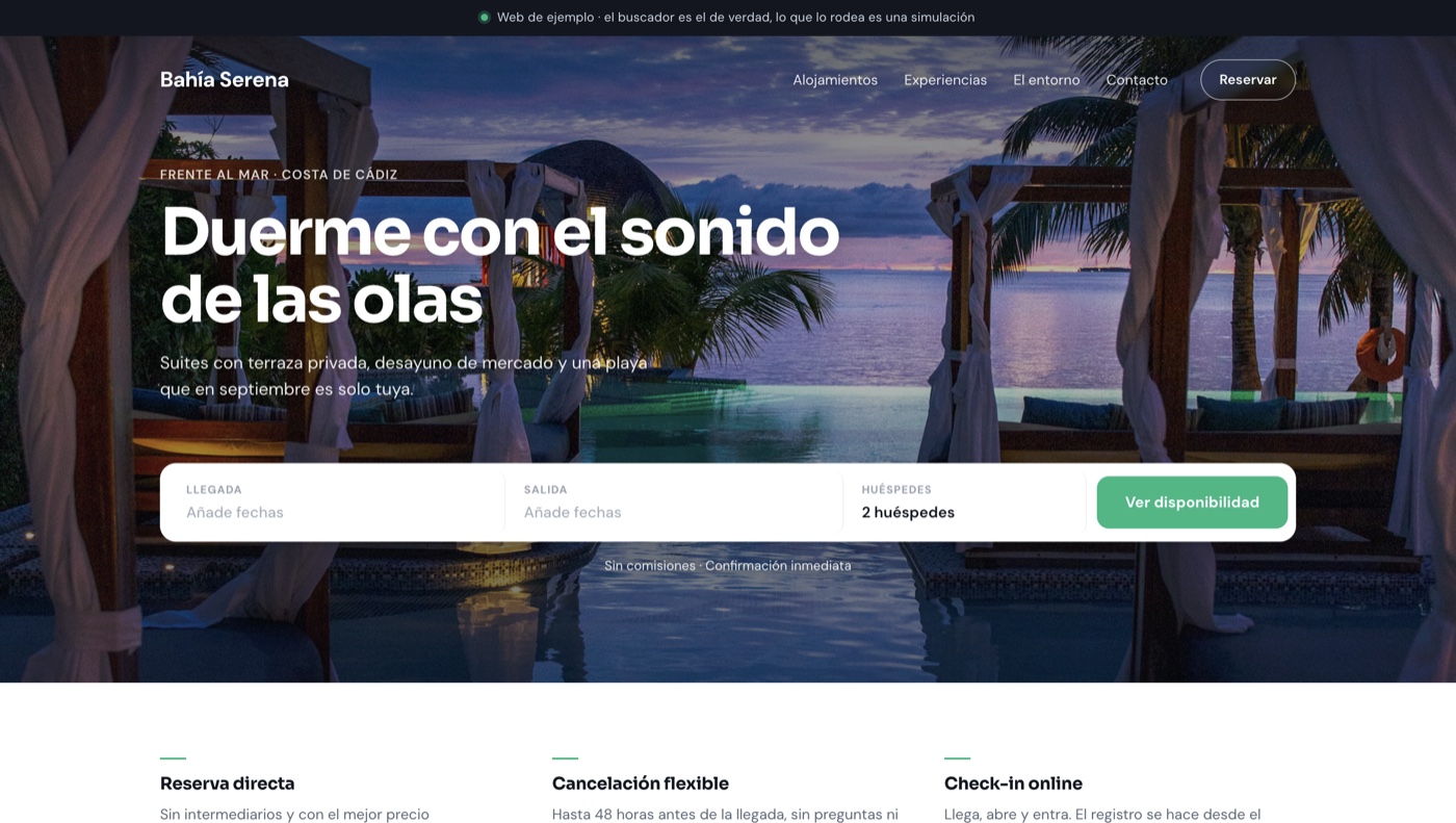 Web de reservas directas de un alojamiento (Bahía Serena) creada con WACheckin, con buscador de disponibilidad