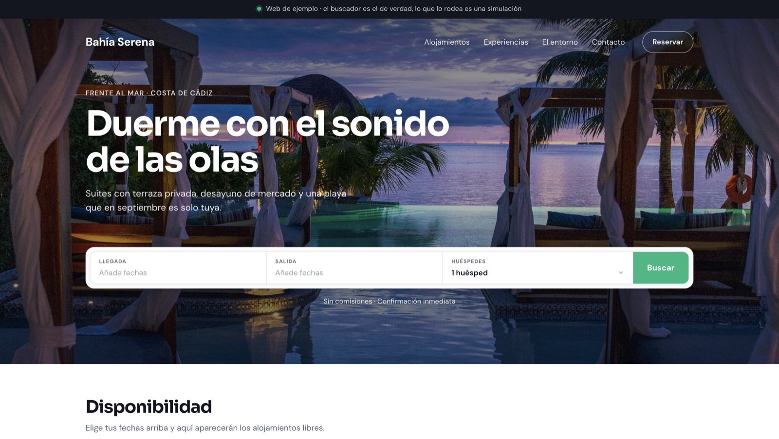 Web del alojamiento (Bahía Serena) con el buscador de disponibilidad de WACheckin integrado