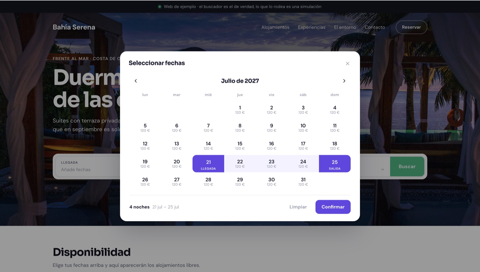 Calendario de fechas con el precio por noche en tiempo real