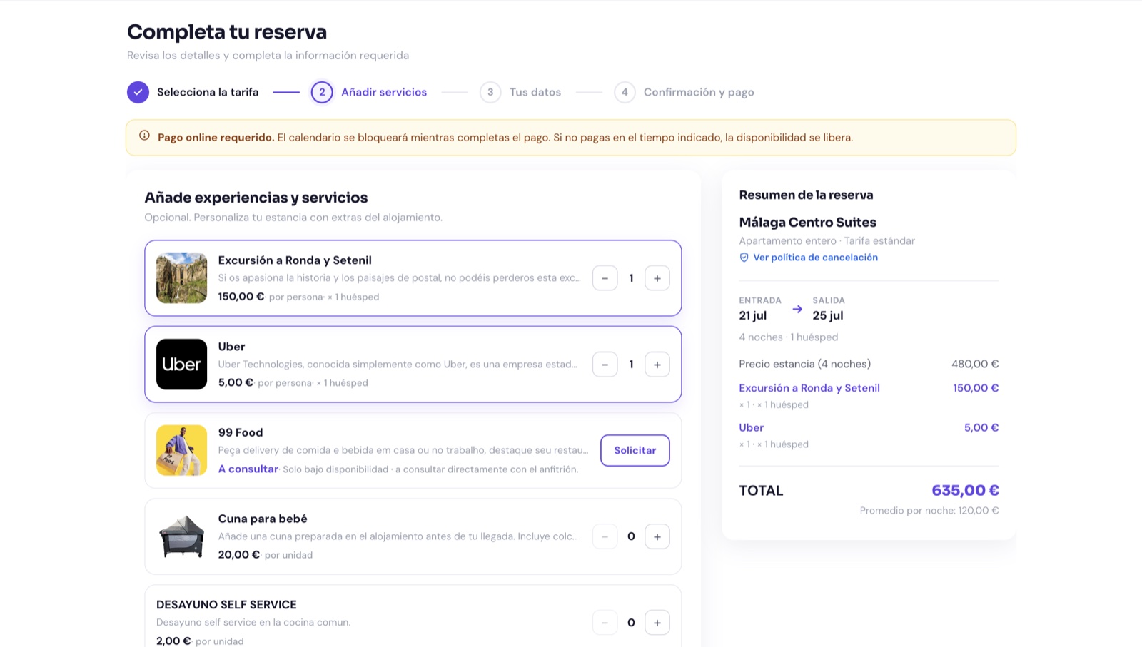 Añadir experiencias y servicios extra a la reserva