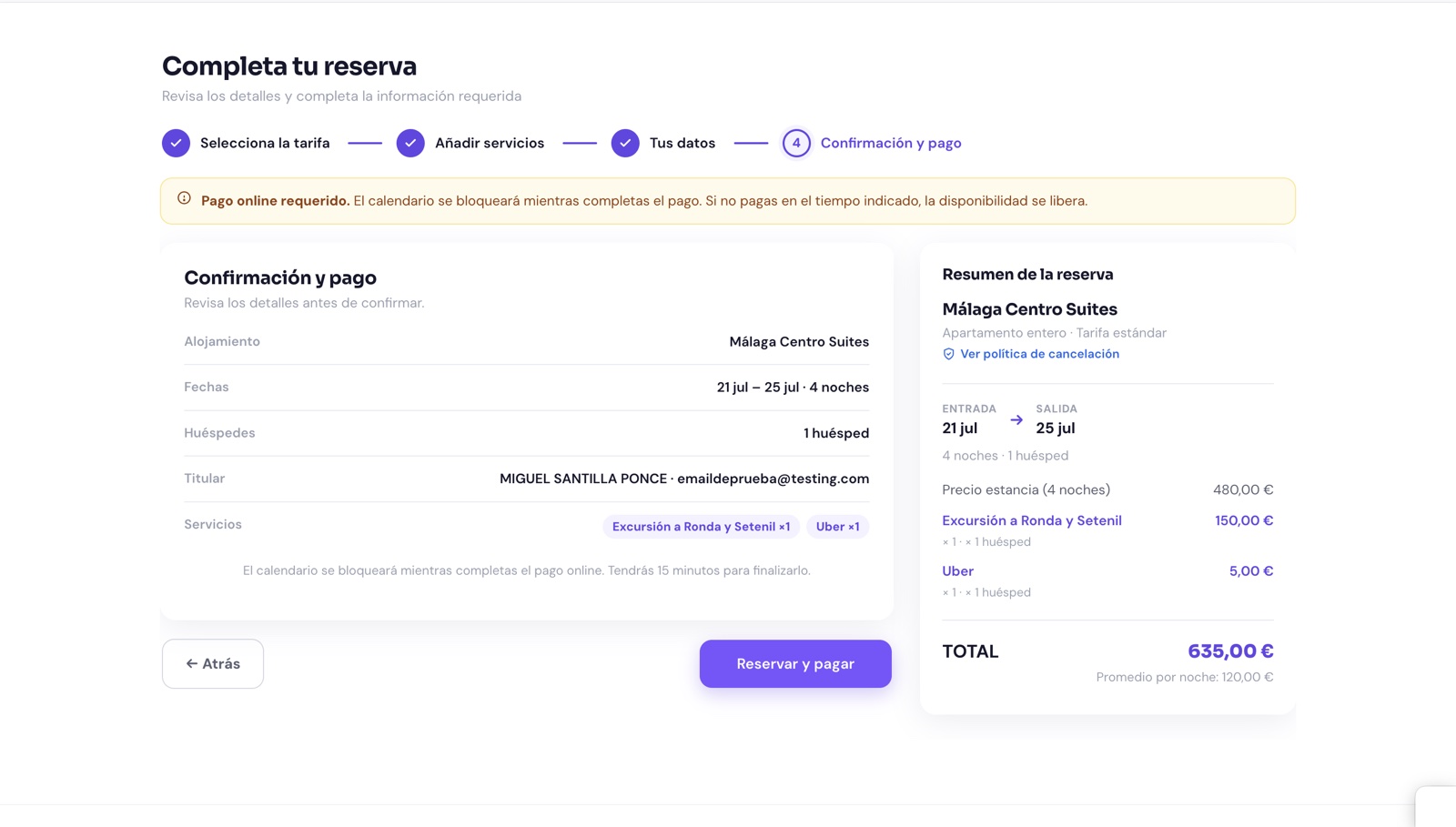 Confirmación y pago online de la reserva directa, sin comisiones