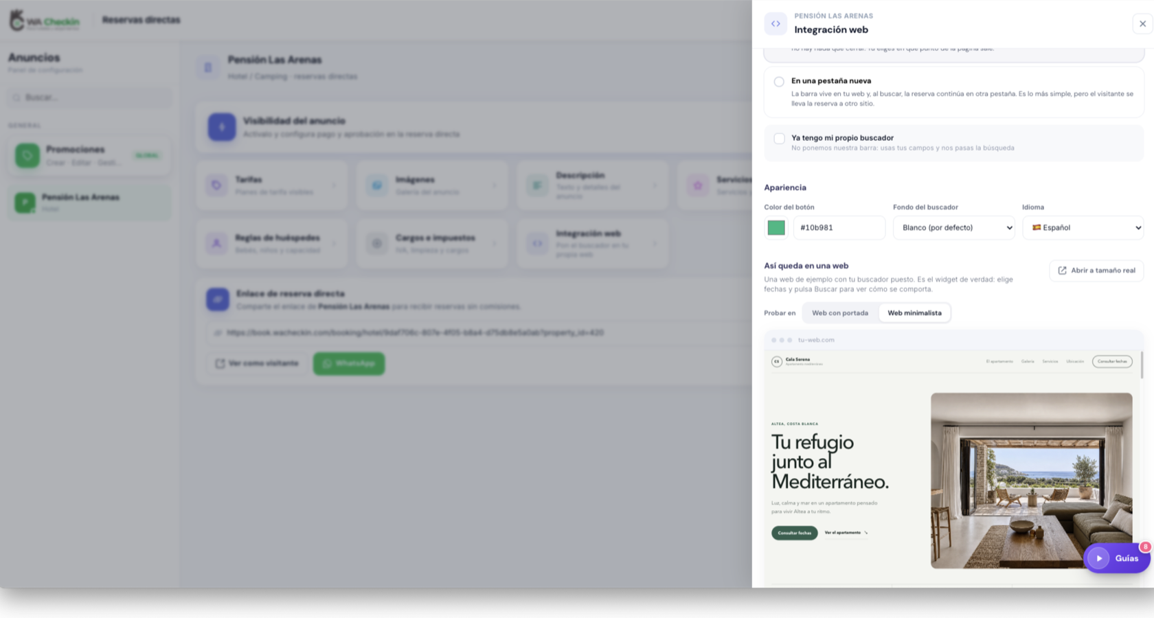 Panel de WACheckin para configurar la reserva directa: apariencia del buscador, idioma y vista previa en una web