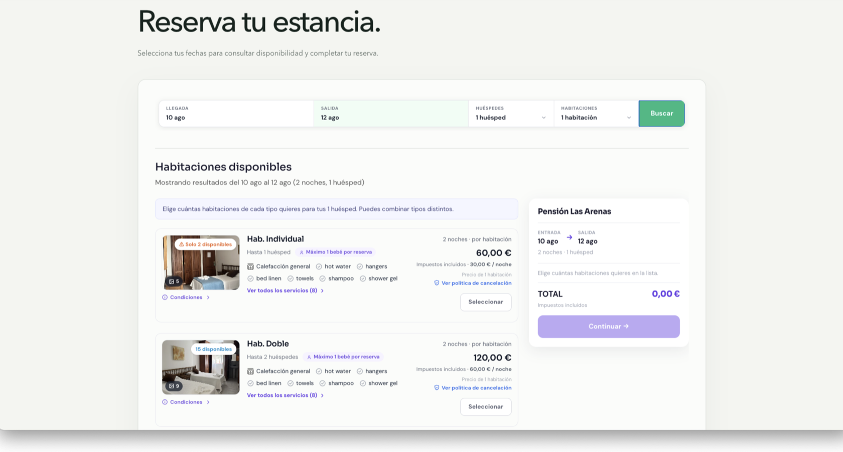 Proceso de reserva en WACheckin: habitaciones disponibles con precios en tiempo real, servicios e impuestos, y resumen de la reserva con total