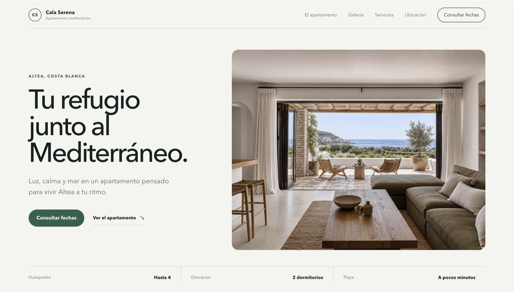Web de un alojamiento (Cala Serena, Altea) creada con WACheckin, con botón de reserva directa