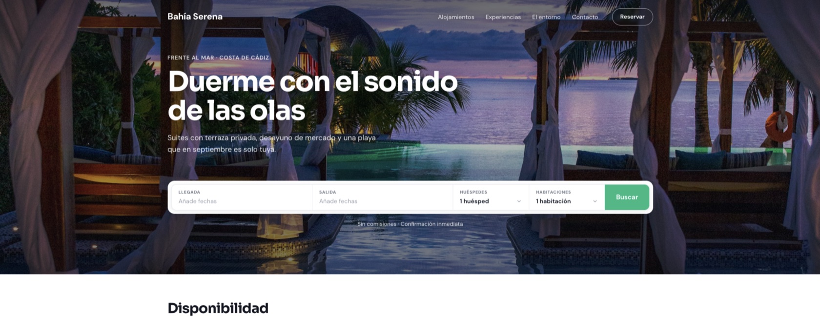 Web de hotel (Bahía Serena, Cádiz) con el buscador de disponibilidad de WACheckin integrado