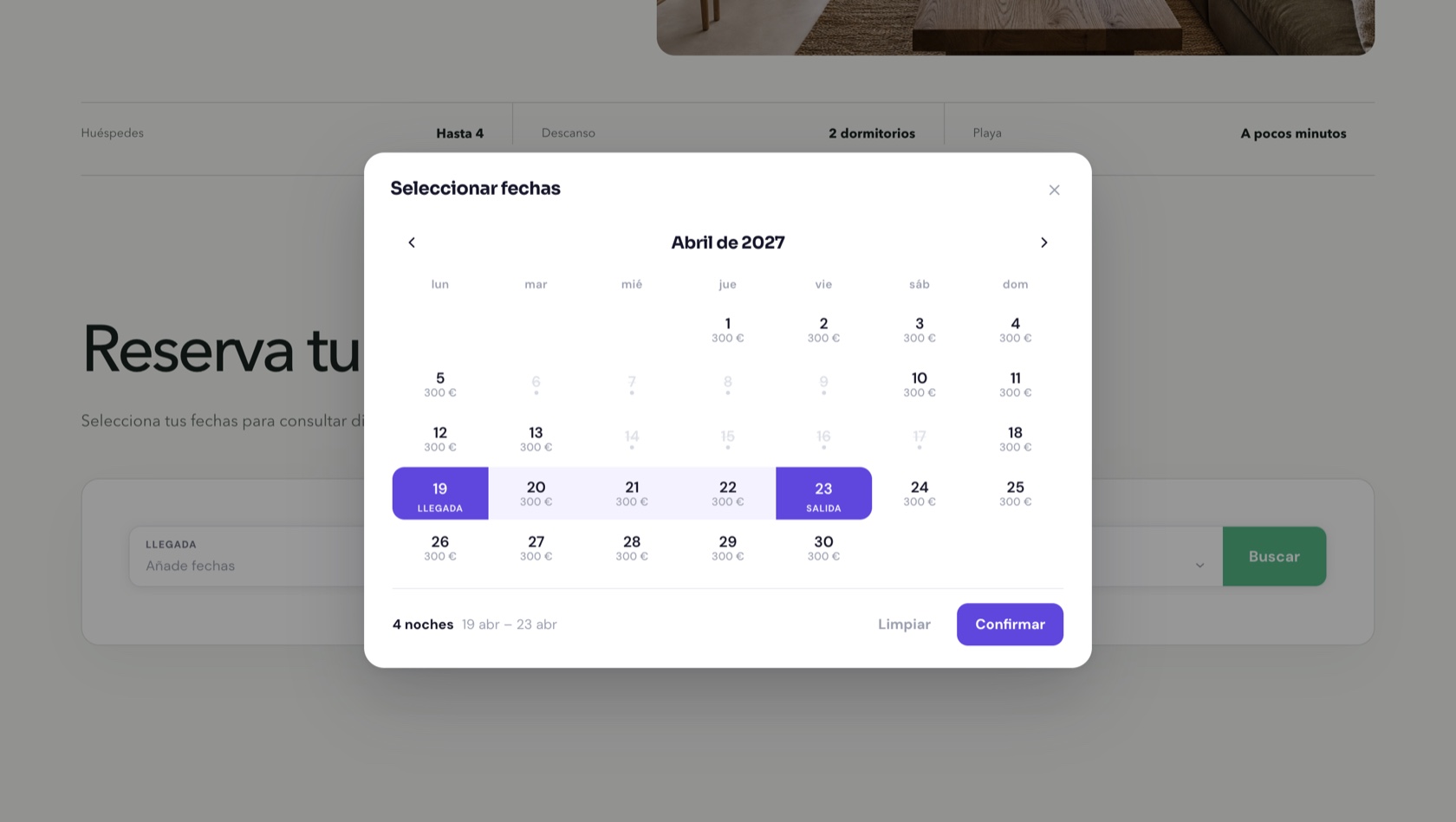 La web de Cala Serena con el selector de fechas abierto: disponibilidad y precio por noche