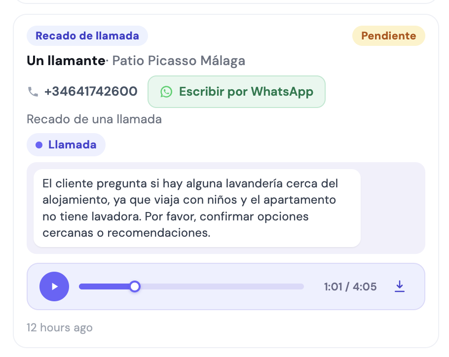 Detalle de un recado de llamada: transcripción de lo que pidió el huésped, su teléfono con botón para escribirle por WhatsApp y el reproductor de la grabación