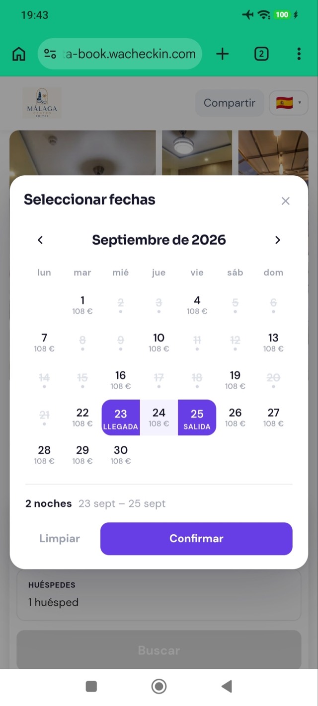 Selección de fechas de la reserva