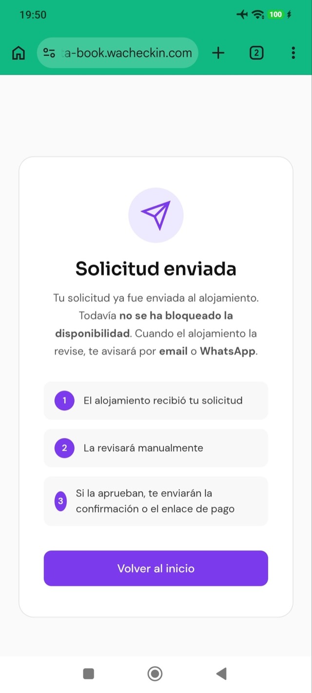 Solicitud de reserva enviada al alojamiento
