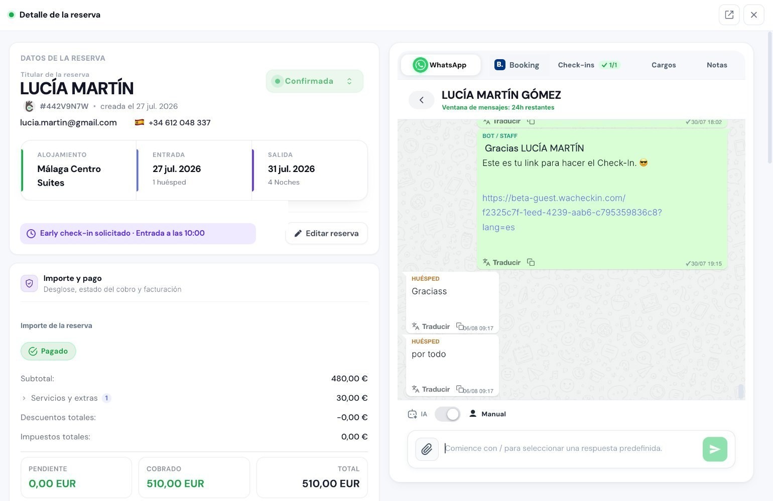 Detalle de la reserva con el chat del huésped integrado